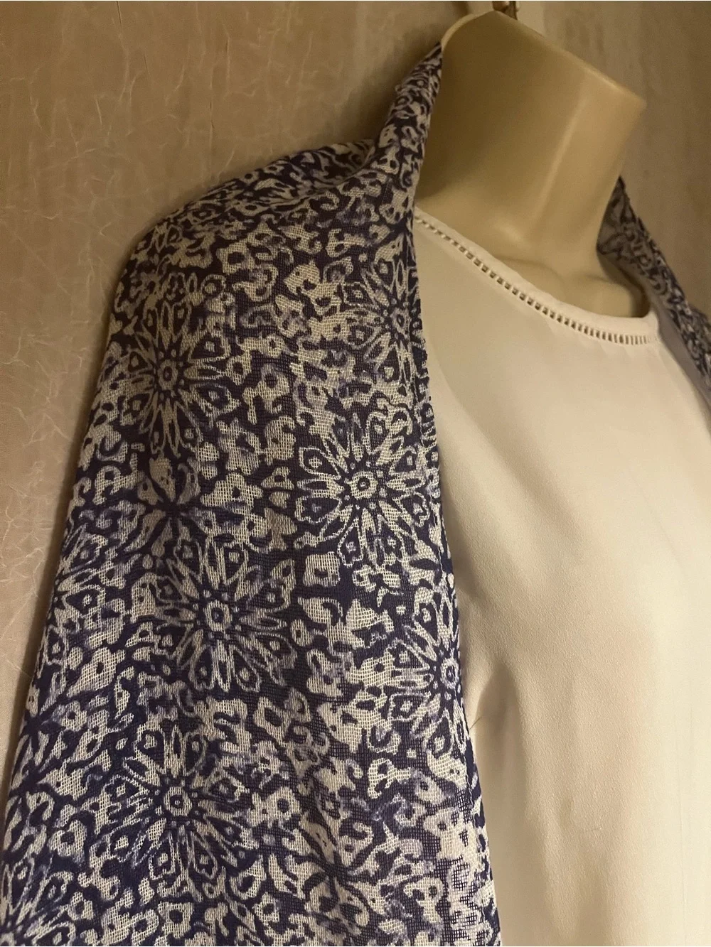 Lands' End Navy and White Floral-Print Scarf with Fringe